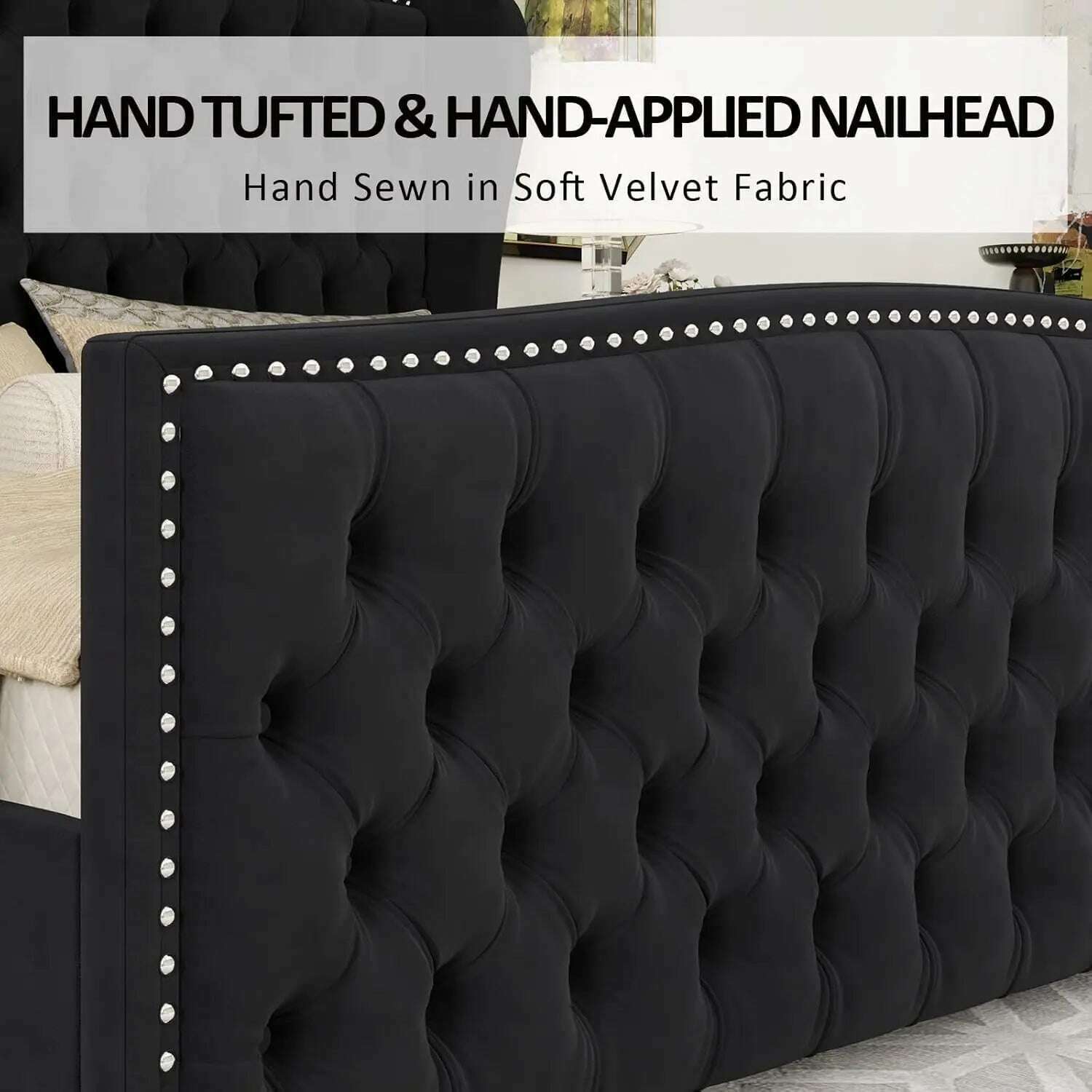 KIMLUD, California King Size Platform Bed Frame, Velvet Upholstered Bed with Deep Button Tufted & Nailhead Trim Wingback Headboard,Black, KIMLUD Womens Clothes