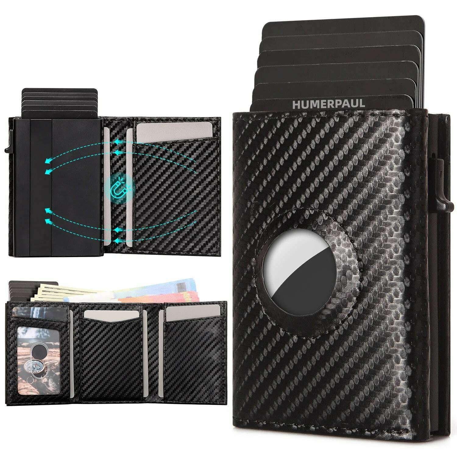 KIMLUD, Carbon Fiber Mens Airtag Wallet RFID Blcoking Pop Up Aluminum Card Holder Slim Male Smart Front Pocket with Banknote Compartment, KIMLUD Womens Clothes