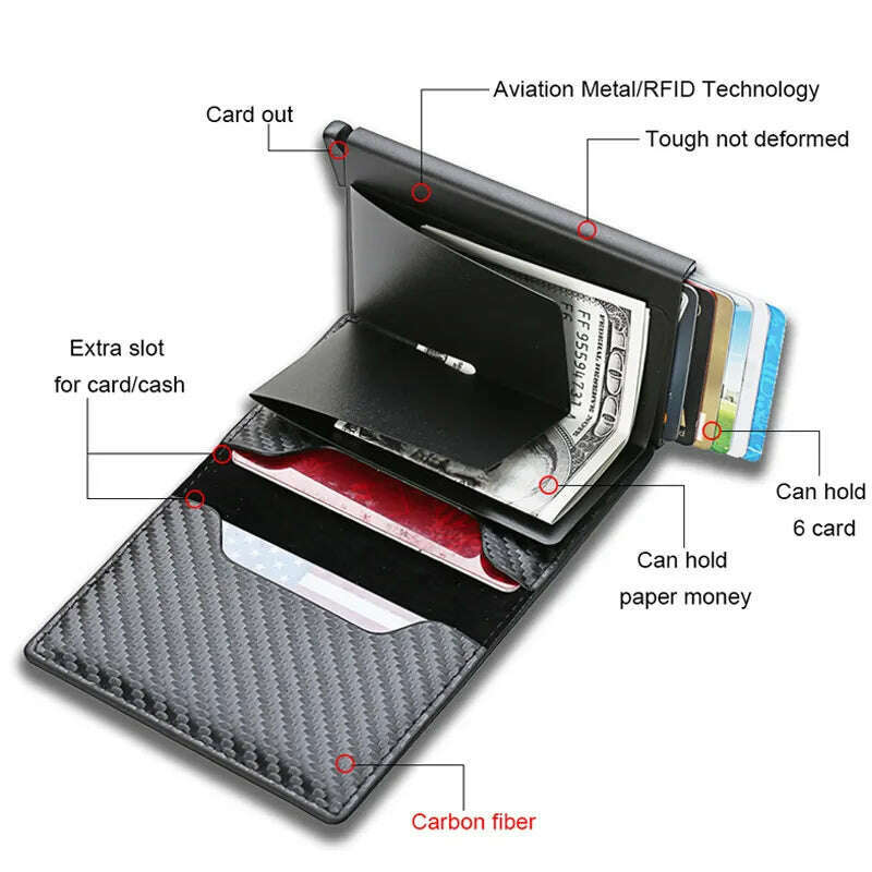 KIMLUD, Carbon Fiber Slim Aluminum Men Wallet ID Credit Card Holder Mini RFID Wallet Automatic Pop up Bank Card Case Black Vallet 2023, KIMLUD Womens Clothes