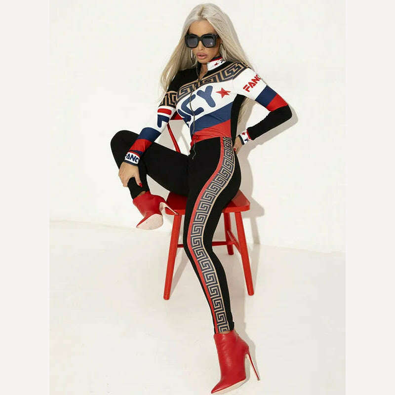 Casual And Sports Letter Bodysuit Front Zipper Printed Long Sleeve Jumpsuits For Women - KIMLUD