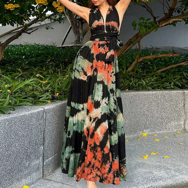 KIMLUD, Casual Elegant Tie Dye Dresses for Women Summer Sexy Sleeveles Neck Strap Bandage Backless Fashion PrintedFemale Party Dress, Orange / XXL, KIMLUD Womens Clothes