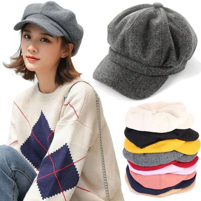 KIMLUD, Casual Girls Beret Hats Solid Color Wool Blended Octagonal Newsboy Caps Cool Street Brim Hat Women Wool Berets Outdoor Street, KIMLUD Women's Clothes