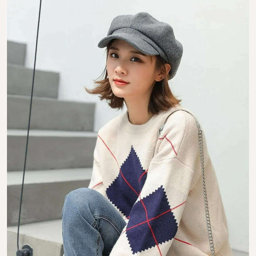 KIMLUD, Casual Girls Beret Hats Solid Color Wool Blended Octagonal Newsboy Caps Cool Street Brim Hat Women Wool Berets Outdoor Street, KIMLUD Womens Clothes