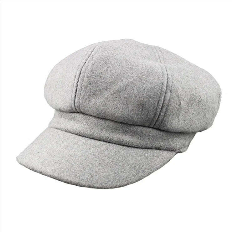 KIMLUD, Casual Girls Beret Hats Solid Color Wool Blended Octagonal Newsboy Caps Cool Street Brim Hat Women Wool Berets Outdoor Street, Light grey, KIMLUD Womens Clothes