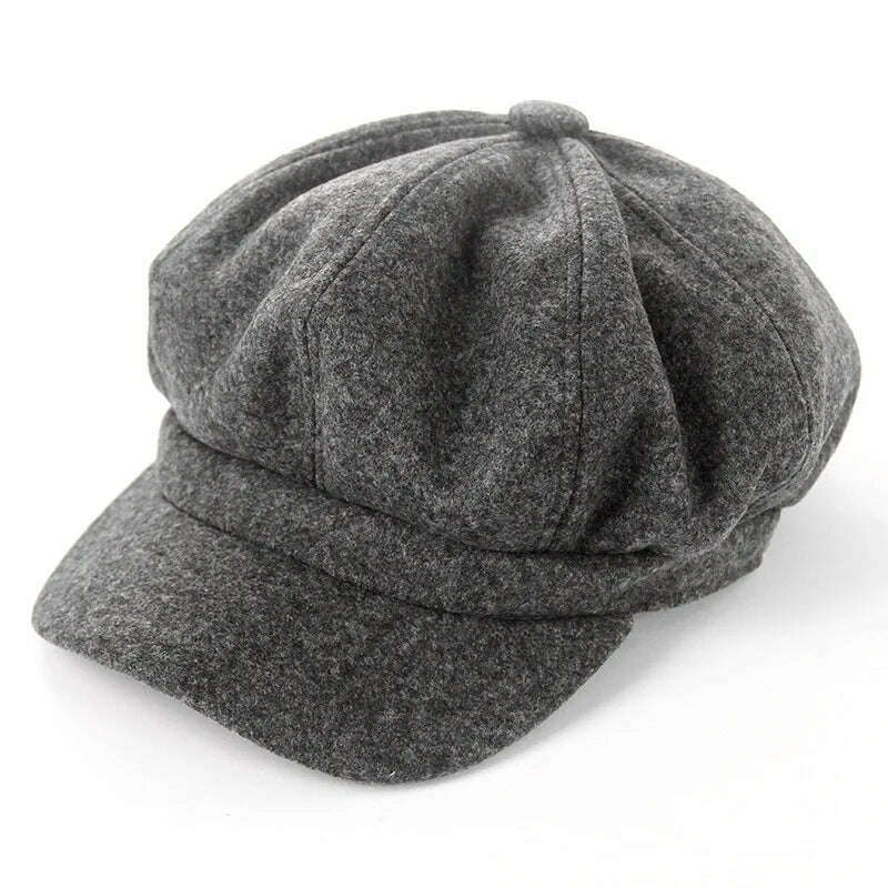 KIMLUD, Casual Girls Beret Hats Solid Color Wool Blended Octagonal Newsboy Caps Cool Street Brim Hat Women Wool Berets Outdoor Street, Dark grey, KIMLUD Womens Clothes