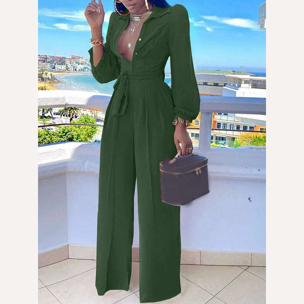 Casual Jumpsuit For Women Spring Summer 2023 New Fashion Solid Color Lace Up Shirt Collar Two-Piece Suit Jumpsuits - KIMLUD