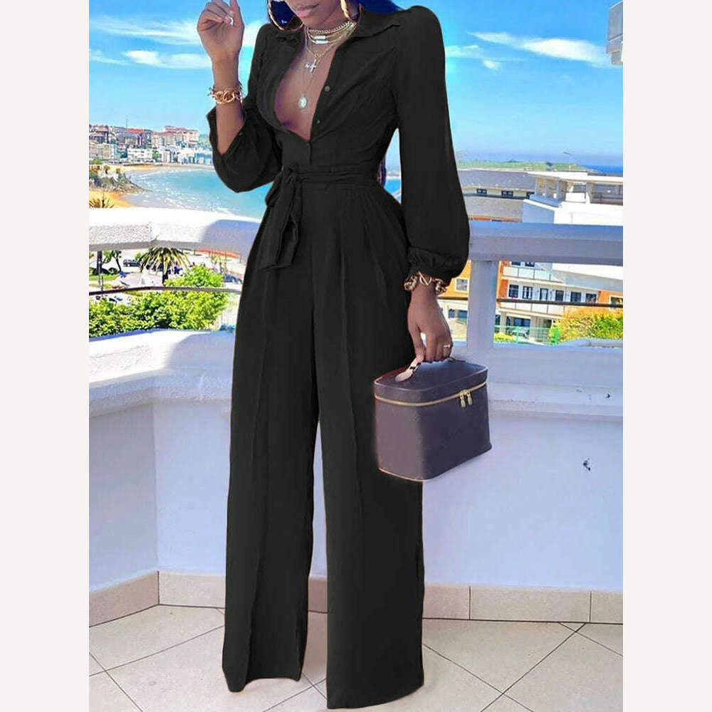 Casual Jumpsuit For Women Spring Summer 2023 New Fashion Solid Color Lace Up Shirt Collar Two-Piece Suit Jumpsuits - KIMLUD