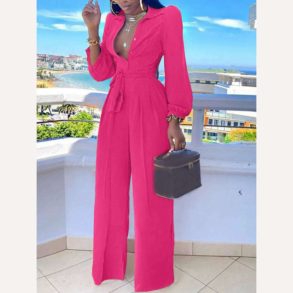 Casual Jumpsuit For Women Spring Summer 2023 New Fashion Solid Color Lace Up Shirt Collar Two-Piece Suit Jumpsuits - KIMLUD