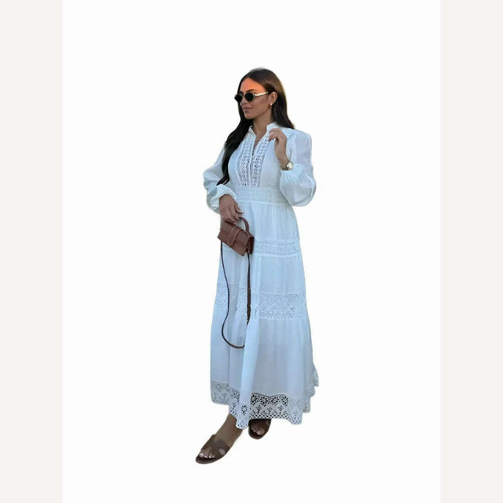 KIMLUD, Casual Lace Patchwork Women Maxi Dress Female V-neck Long Sleeve Hollow Out Dresses 2024 Spring Lady Beach Party Loose Robes, WHITE / L, KIMLUD Womens Clothes