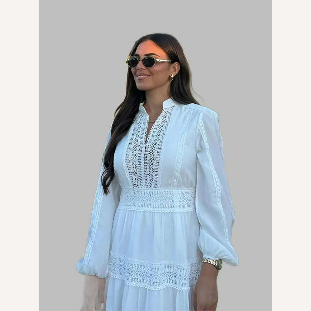 KIMLUD, Casual Lace Patchwork Women Maxi Dress Female V-neck Long Sleeve Hollow Out Dresses 2024 Spring Lady Beach Party Loose Robes, KIMLUD Womens Clothes