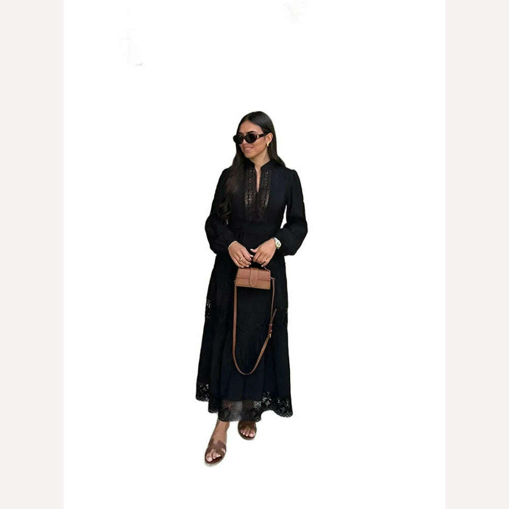 KIMLUD, Casual Lace Patchwork Women Maxi Dress Female V-neck Long Sleeve Hollow Out Dresses 2024 Spring Lady Beach Party Loose Robes, Black / M, KIMLUD Womens Clothes