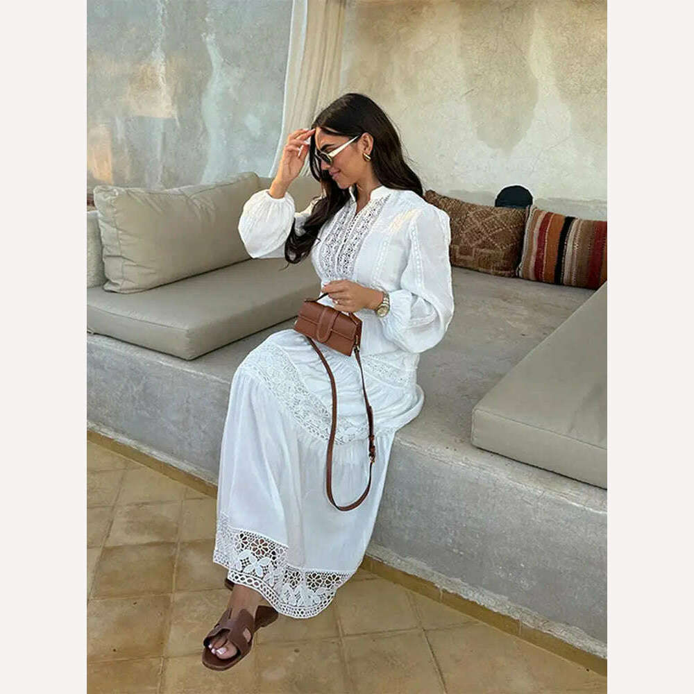 KIMLUD, Casual Lace Patchwork Women Maxi Dress Female V-neck Long Sleeve Hollow Out Dresses 2024 Spring Lady Beach Party Loose Robes, KIMLUD Womens Clothes