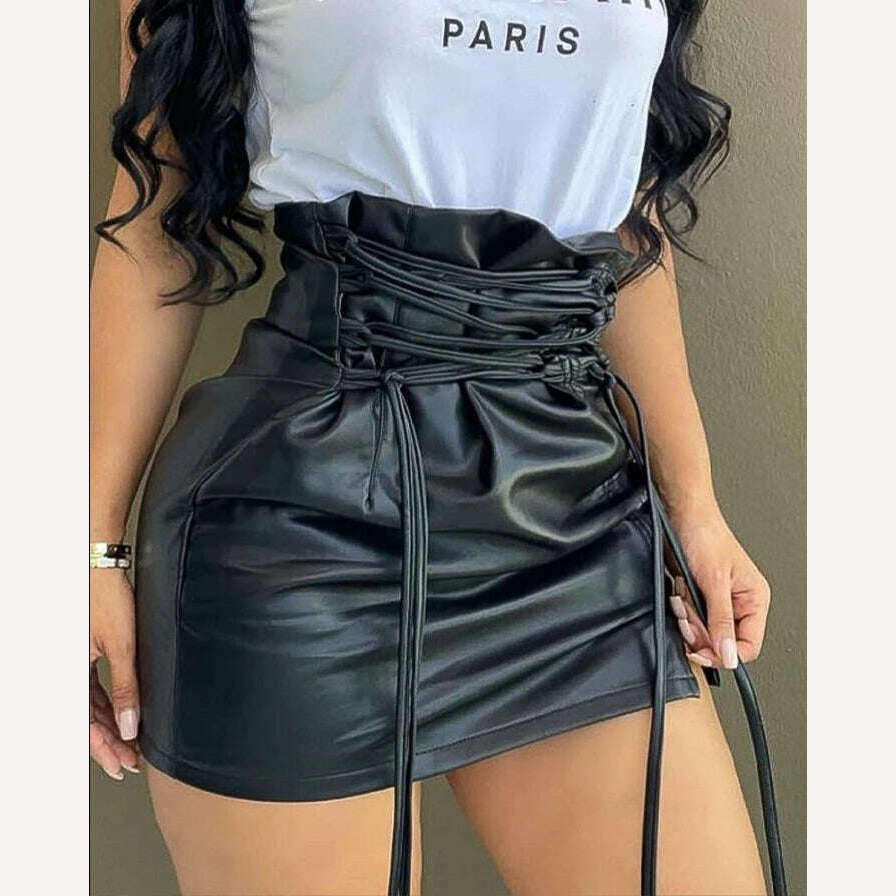 KIMLUD, casual Lace-up High Waist PU Leather Mini Slit Skirt y2k clothes women's outfits female clothing new fashion womens bottom black, A / S, KIMLUD Womens Clothes