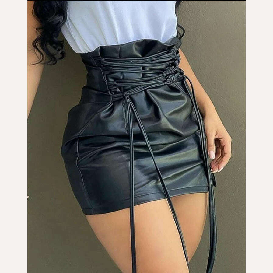 KIMLUD, casual Lace-up High Waist PU Leather Mini Slit Skirt y2k clothes women's outfits female clothing new fashion womens bottom black, KIMLUD Women's Clothes