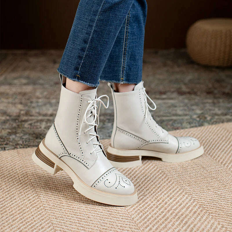 KIMLUD, Casual Lace-Up Women Autumn Winter Ankle Boots Thick Heels Genuine Leather Working Leisure Fashion Outdoor Platform Shoes Woman, KIMLUD Womens Clothes
