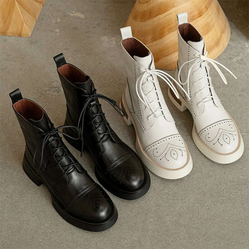 KIMLUD, Casual Lace-Up Women Autumn Winter Ankle Boots Thick Heels Genuine Leather Working Leisure Fashion Outdoor Platform Shoes Woman, KIMLUD Womens Clothes