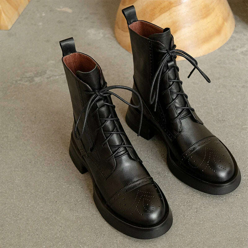 KIMLUD, Casual Lace-Up Women Autumn Winter Ankle Boots Thick Heels Genuine Leather Working Leisure Fashion Outdoor Platform Shoes Woman, KIMLUD Women's Clothes
