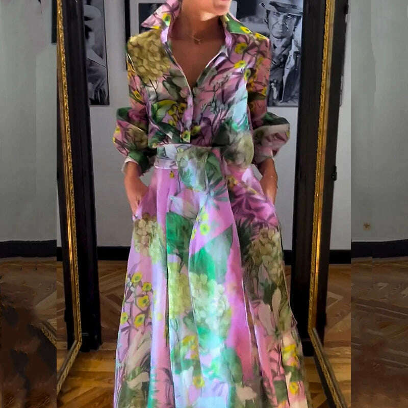 KIMLUD, Casual Lapel Lantern Sleeve Shirt + Long Skirt Suit 2024 Fashion Lace Up Party Outfit Elegant Pattern Print Autumn 2 Piece Sets, KIMLUD Womens Clothes