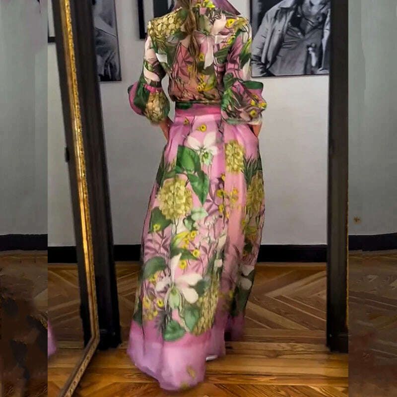 KIMLUD, Casual Lapel Lantern Sleeve Shirt + Long Skirt Suit 2024 Fashion Lace Up Party Outfit Elegant Pattern Print Autumn 2 Piece Sets, KIMLUD Womens Clothes