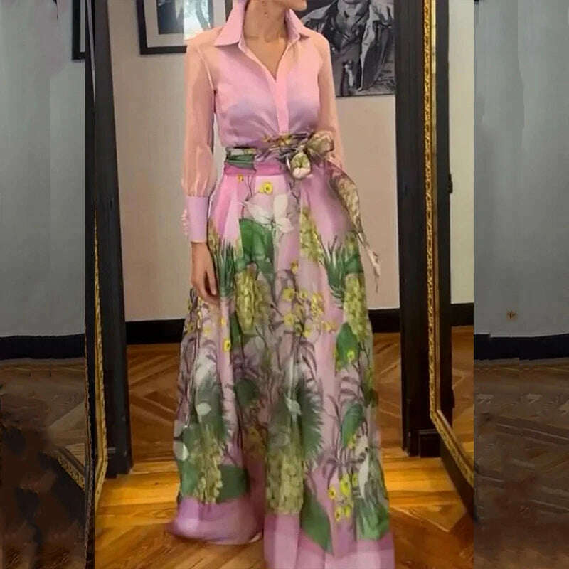 KIMLUD, Casual Lapel Lantern Sleeve Shirt + Long Skirt Suit 2024 Fashion Lace Up Party Outfit Elegant Pattern Print Autumn 2 Piece Sets, KIMLUD Womens Clothes