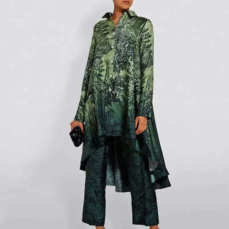 KIMLUD, Casual Office Asymmetrical Suits Retro Pattern Printed Two-piece Sets Female Lapel Button Hem Shirt with Straight Pants Outfits, KIMLUD Womens Clothes