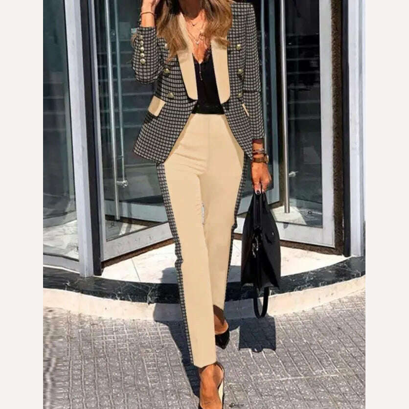 KIMLUD, Casual Open Front Blazers Sets Red Pencil Pants Set Long Sleeve Work Office Jacket Blazer Suit Two Piece Office Lady Outfits, Khaki / S, KIMLUD Women's Clothes