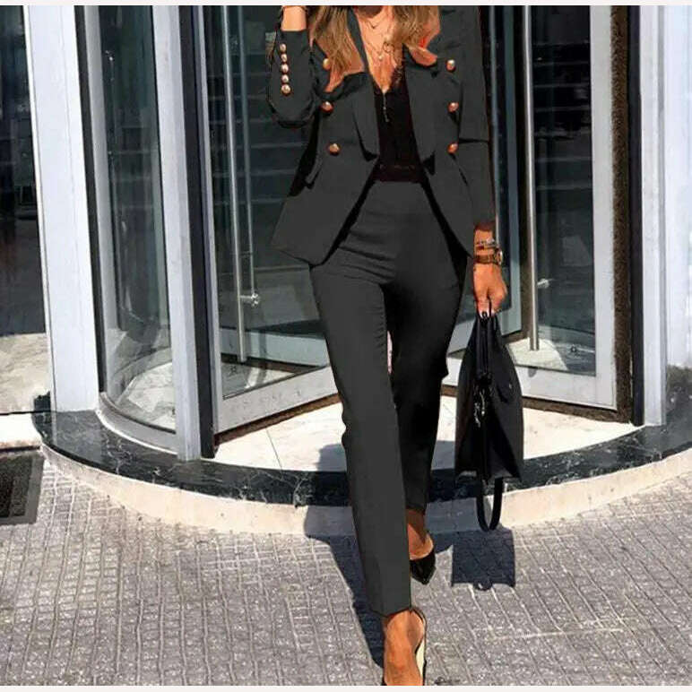 KIMLUD, Casual Open Front Blazers Sets Red Pencil Pants Set Long Sleeve Work Office Jacket Blazer Suit Two Piece Office Lady Outfits, Black / S, KIMLUD Womens Clothes