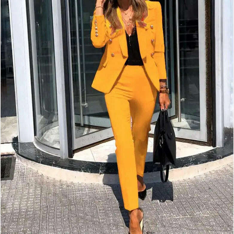 KIMLUD, Casual Open Front Blazers Sets Red Pencil Pants Set Long Sleeve Work Office Jacket Blazer Suit Two Piece Office Lady Outfits, Yellow / S, KIMLUD Womens Clothes