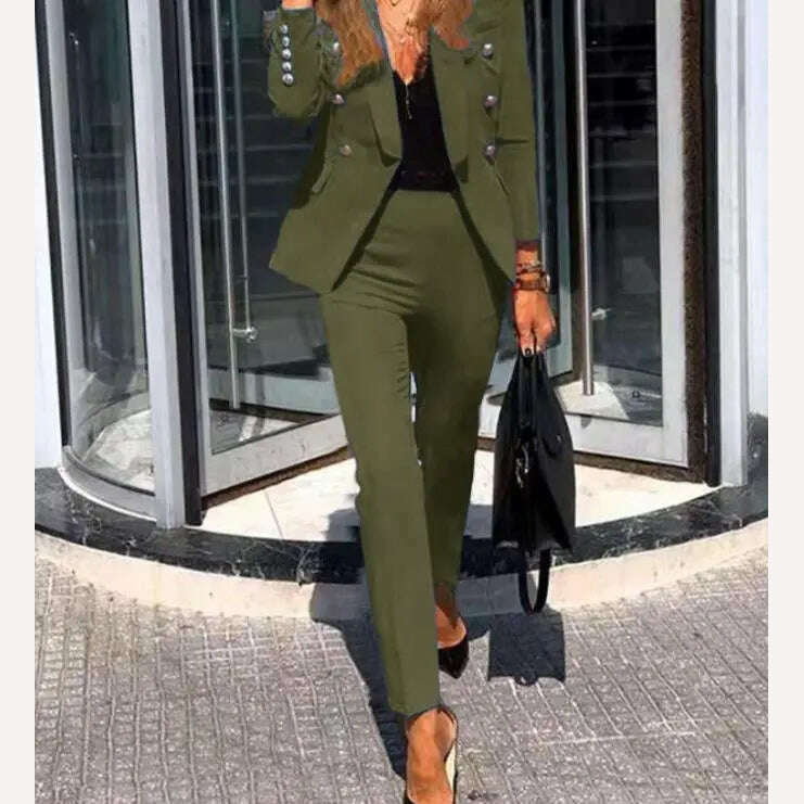 KIMLUD, Casual Open Front Blazers Sets Red Pencil Pants Set Long Sleeve Work Office Jacket Blazer Suit Two Piece Office Lady Outfits, Army Green / S, KIMLUD Womens Clothes