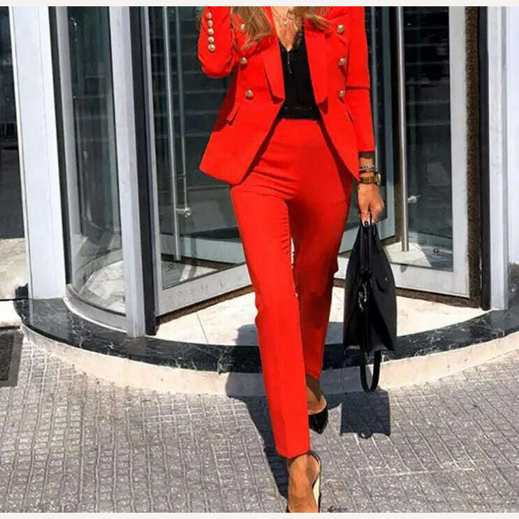 KIMLUD, Casual Open Front Blazers Sets Red Pencil Pants Set Long Sleeve Work Office Jacket Blazer Suit Two Piece Office Lady Outfits, Red / S, KIMLUD Womens Clothes