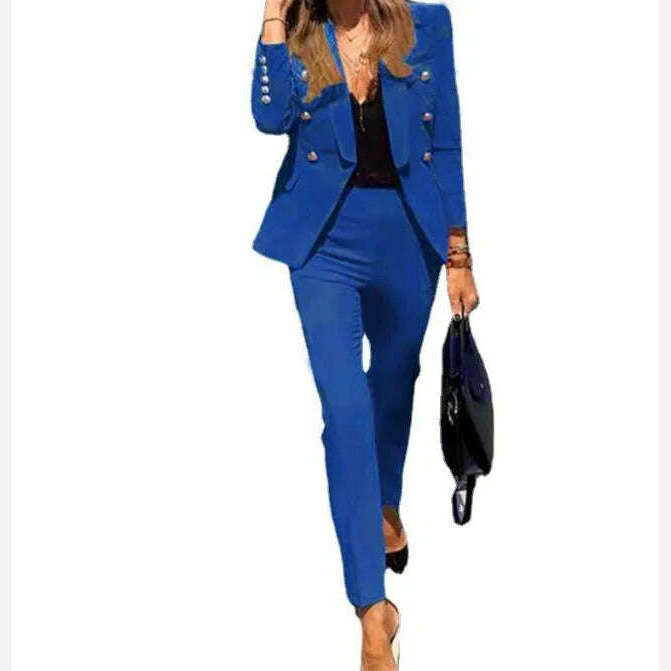 KIMLUD, Casual Open Front Blazers Sets Red Pencil Pants Set Long Sleeve Work Office Jacket Blazer Suit Two Piece Office Lady Outfits, Dark Blue / S, KIMLUD Womens Clothes