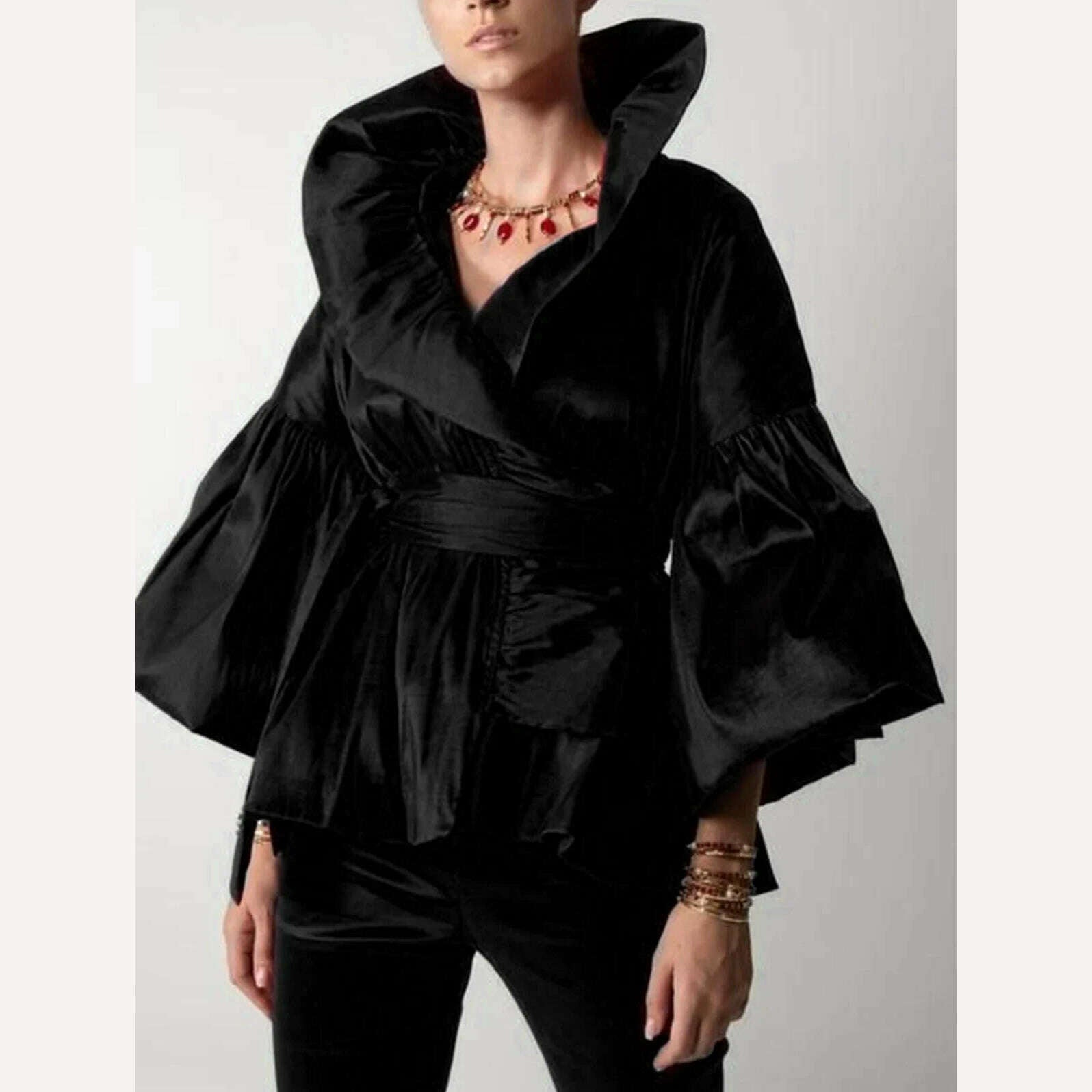 Casual Puff Long Sleeve Ruffles Blouse Office Lady Solid Color Women Wrap Shirts Lapel Collar Elegant Shirt Woman Fashion Female - KIMLUD