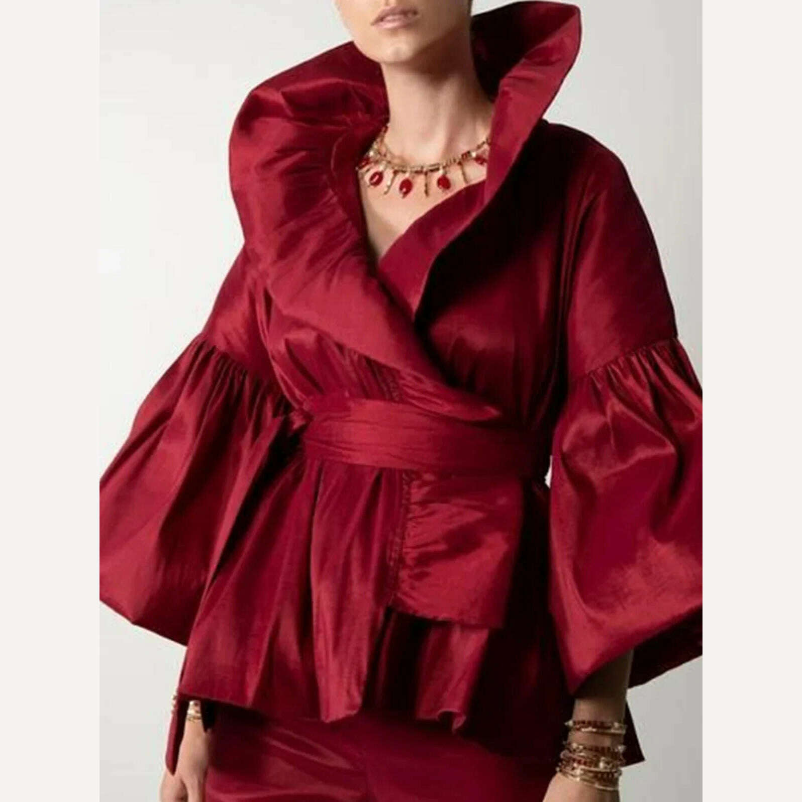 Casual Puff Long Sleeve Ruffles Blouse Office Lady Solid Color Women Wrap Shirts Lapel Collar Elegant Shirt Woman Fashion Female - KIMLUD