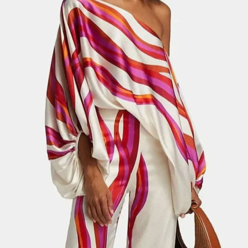 Casual Satin Commuting Suit Fashion Hollow Off Shoulder Tops With Long Pants Women 2 Piece Sets 2023 Spring Loose Print Outfits - KIMLUD