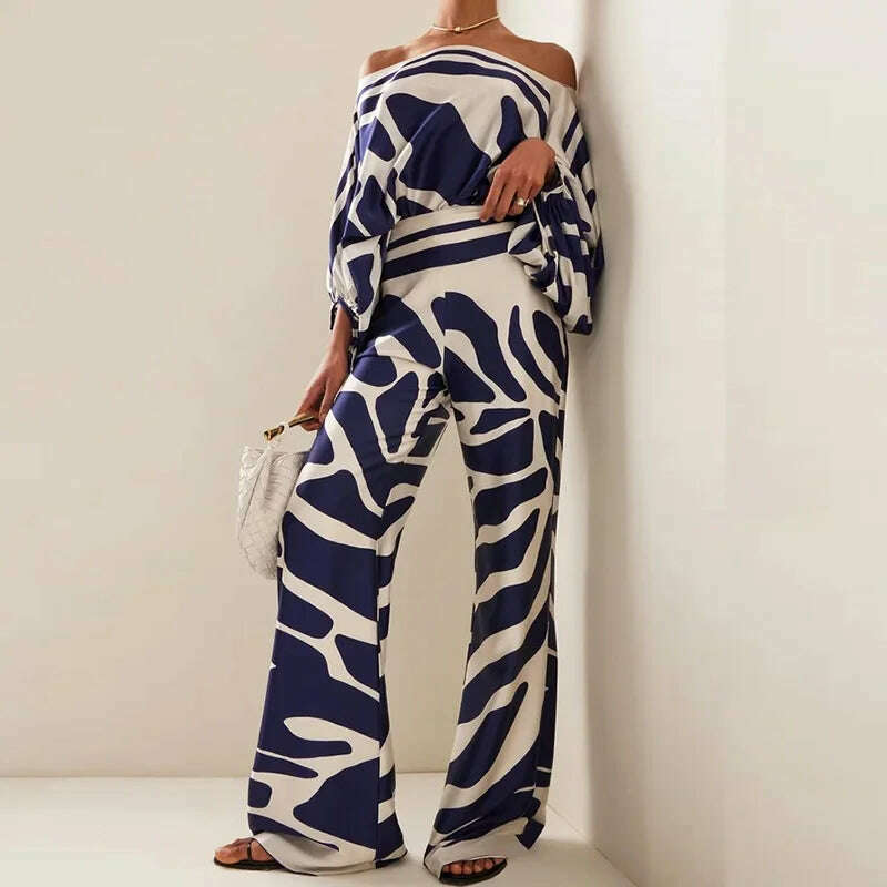 Casual Satin Commuting Suit Fashion Hollow Off Shoulder Tops With Long Pants Women 2 Piece Sets 2023 Spring Loose Print Outfits - KIMLUD