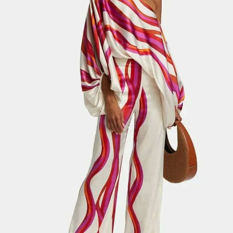Casual Satin Commuting Suit Fashion Hollow Off Shoulder Tops With Long Pants Women 2 Piece Sets 2023 Spring Loose Print Outfits - KIMLUD