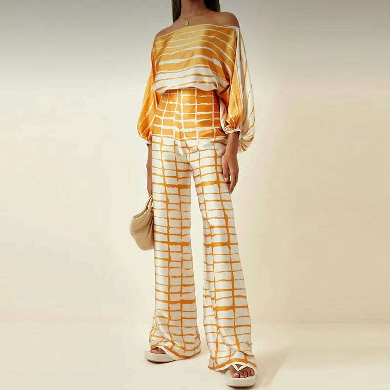 Casual Satin Commuting Suit Fashion Hollow Off Shoulder Tops With Long Pants Women 2 Piece Sets 2023 Spring Loose Print Outfits - KIMLUD