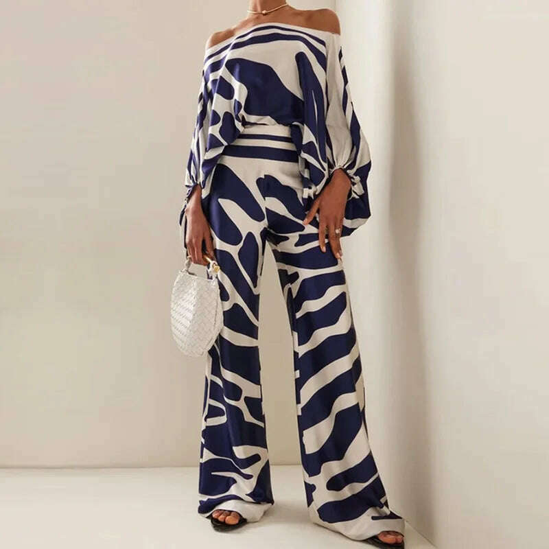 Casual Satin Commuting Suit Fashion Hollow Off Shoulder Tops With Long Pants Women 2 Piece Sets 2023 Spring Loose Print Outfits - KIMLUD