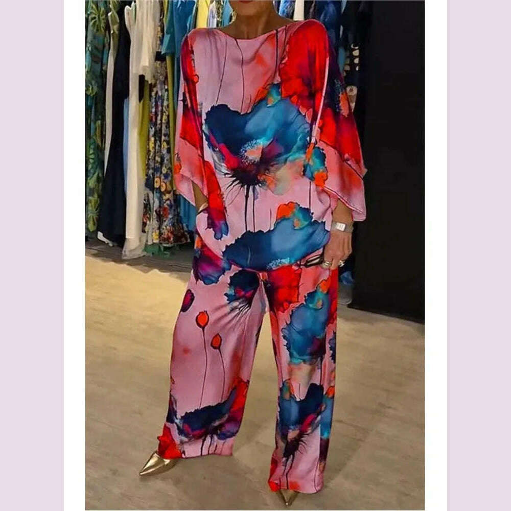KIMLUD, Casual Sets for Women 2 pieces Summer Fashion Printed Satin Two Piece Sets Women Sexy Round Neck Top+Wide Leg Long Pants Outfits, KIMLUD Womens Clothes