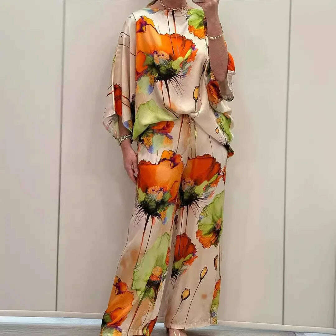 KIMLUD, Casual Sets for Women 2 pieces Summer Fashion Printed Satin Two Piece Sets Women Sexy Round Neck Top+Wide Leg Long Pants Outfits, KIMLUD Womens Clothes