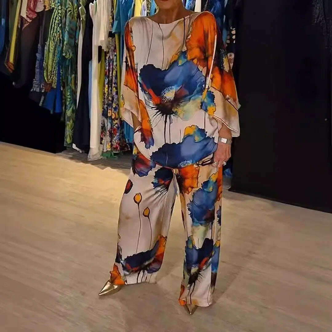 KIMLUD, Casual Sets for Women 2 pieces Summer Fashion Printed Satin Two Piece Sets Women Sexy Round Neck Top+Wide Leg Long Pants Outfits, KIMLUD Womens Clothes