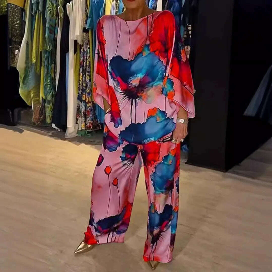 KIMLUD, Casual Sets for Women 2 pieces Summer Fashion Printed Satin Two Piece Sets Women Sexy Round Neck Top+Wide Leg Long Pants Outfits, KIMLUD Womens Clothes
