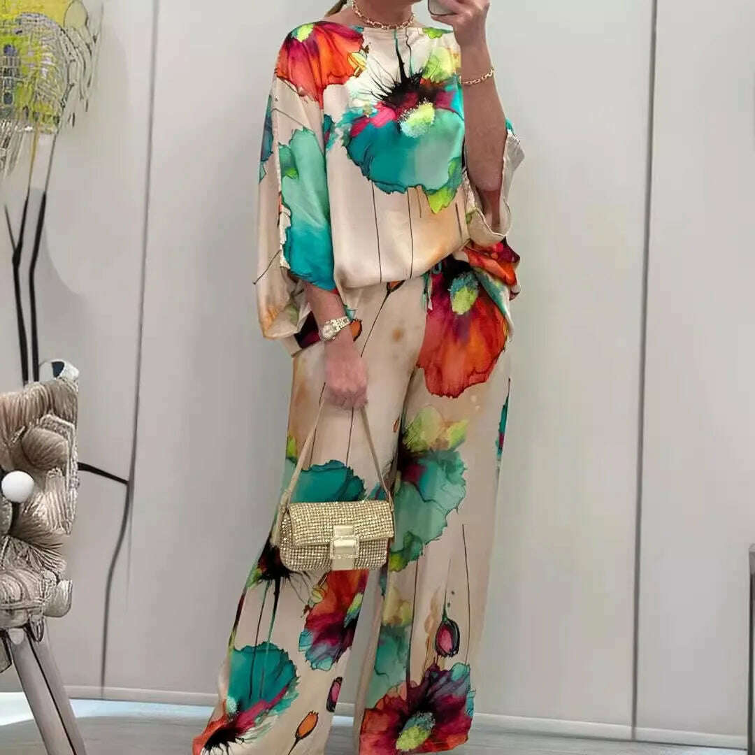 KIMLUD, Casual Sets for Women 2 pieces Summer Fashion Printed Satin Two Piece Sets Women Sexy Round Neck Top+Wide Leg Long Pants Outfits, green / S, KIMLUD APPAREL - Womens Clothes