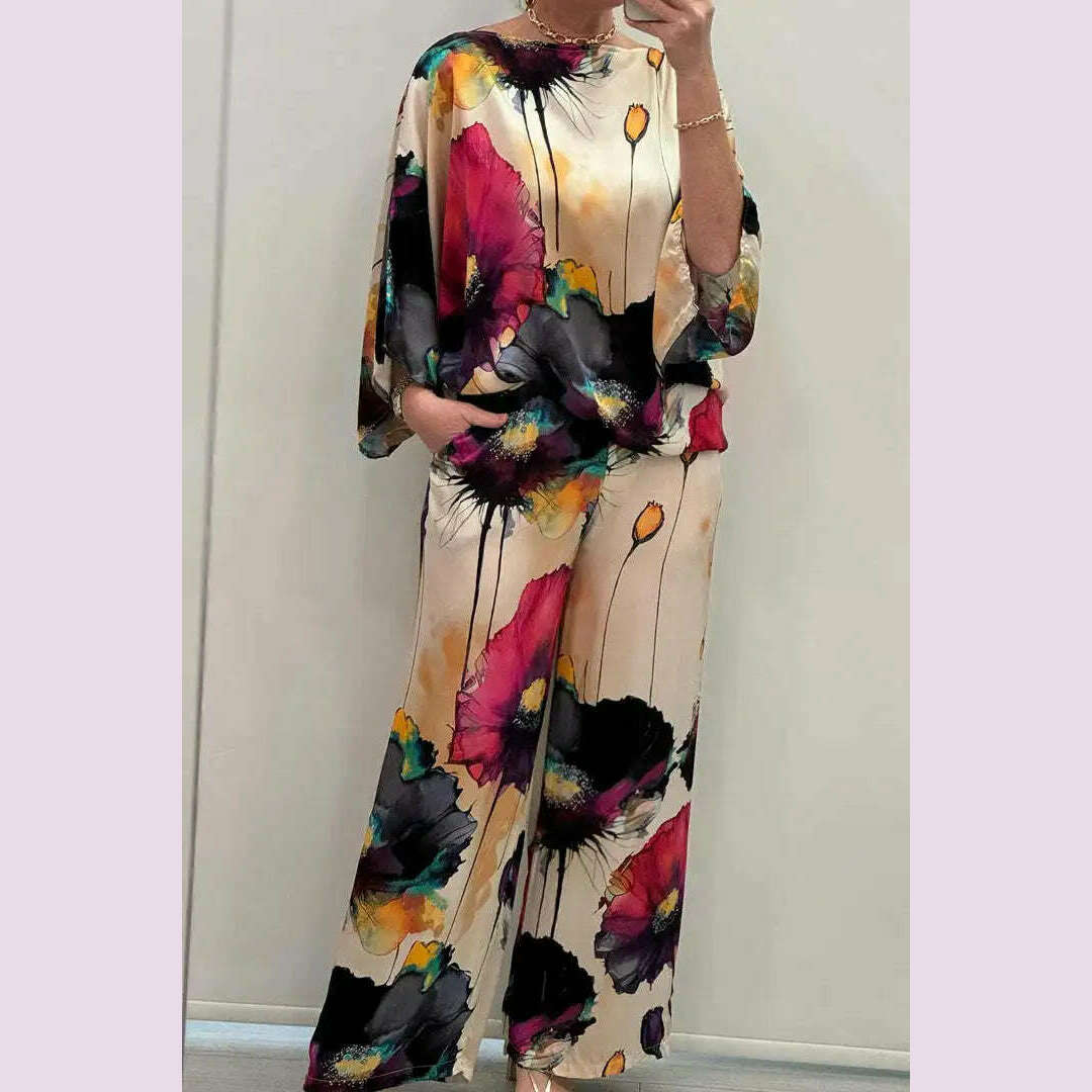 KIMLUD, Casual Sets for Women 2 pieces Summer Fashion Printed Satin Two Piece Sets Women Sexy Round Neck Top+Wide Leg Long Pants Outfits, black / S, KIMLUD APPAREL - Womens Clothes