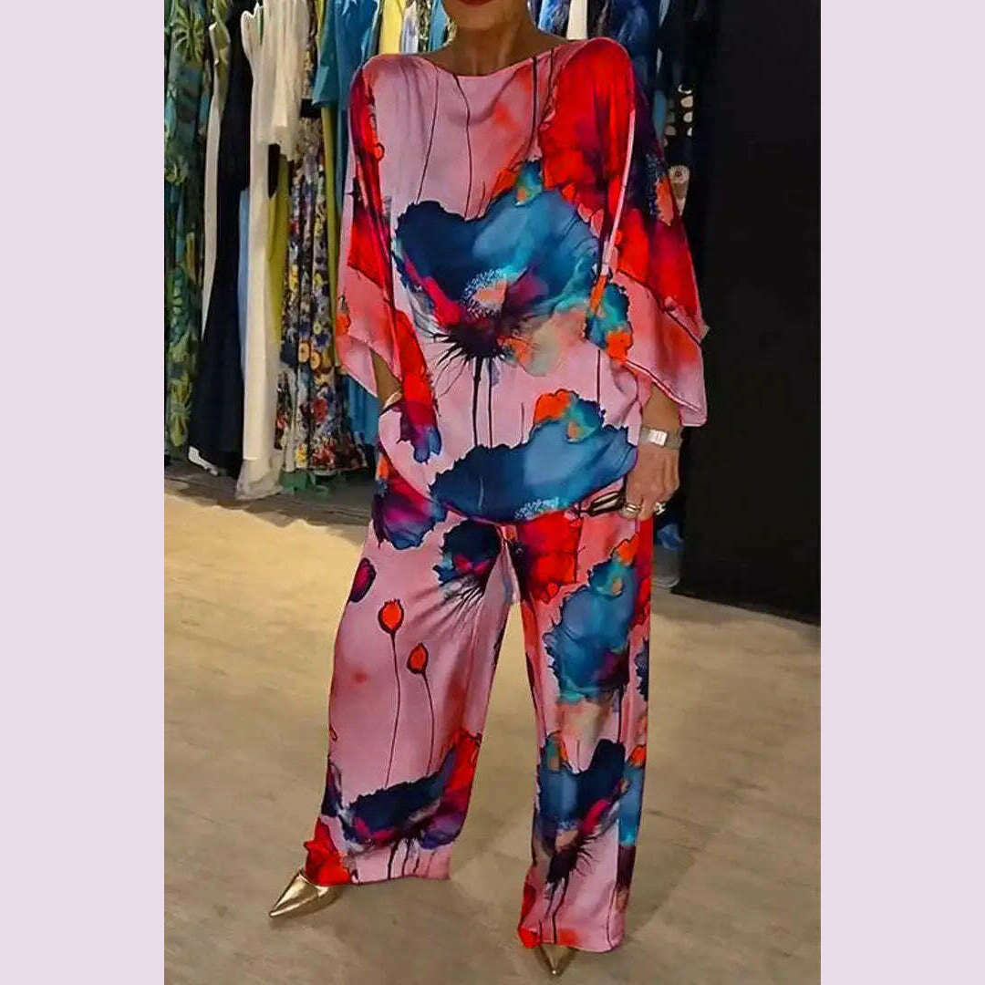 KIMLUD, Casual Sets for Women 2 pieces Summer Fashion Printed Satin Two Piece Sets Women Sexy Round Neck Top+Wide Leg Long Pants Outfits, Pink / S, KIMLUD APPAREL - Womens Clothes