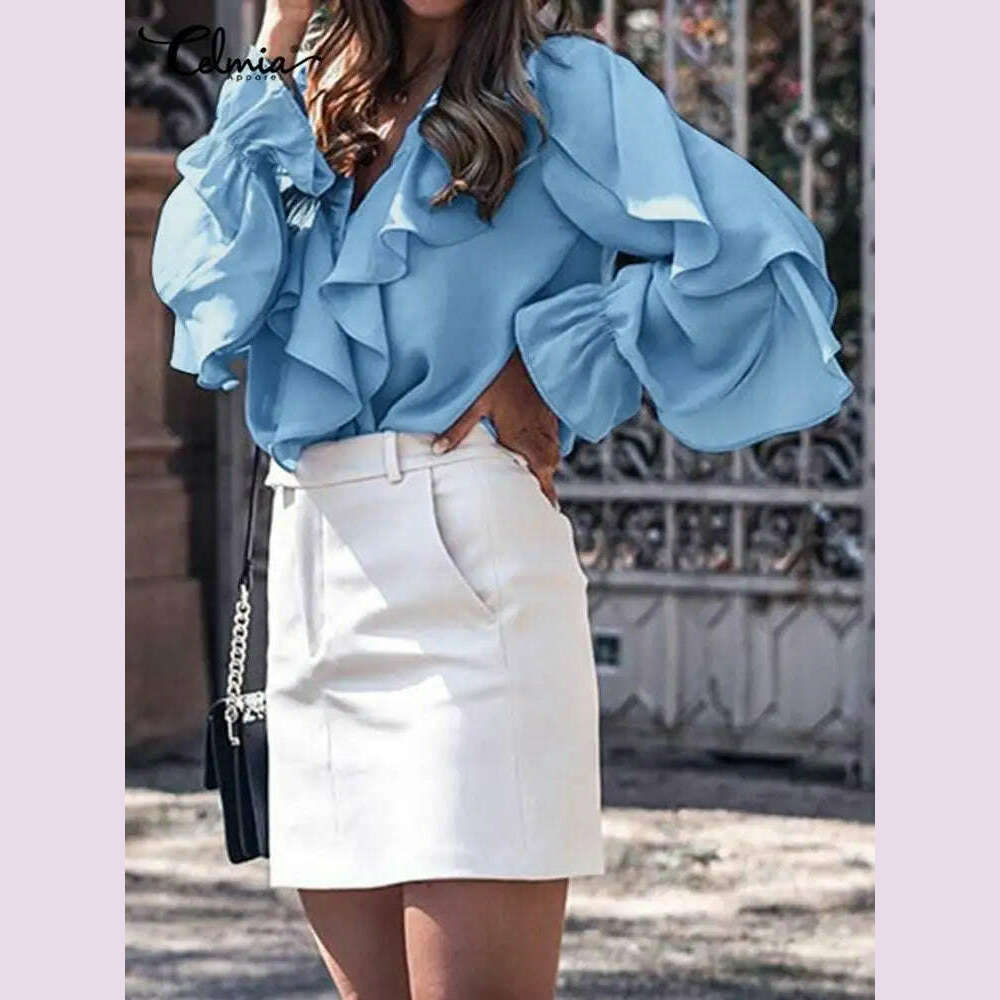 Casual Summer Tops Celmia Elegant Blouses 2023 Party Blusas Women Ruffled Fashion Sexy V neck Long Sleeve Buttons Shirt Feminina - KIMLUD
