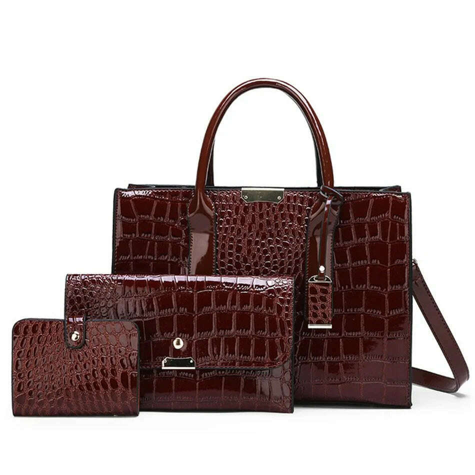 KIMLUD, Casual Tote Sac Vintage Crocodile Pattern Patent Leather Luxury Handbags Brand Designer Large Capacity Shoulder Messenger Bag, Dark Brown-1, KIMLUD Womens Clothes