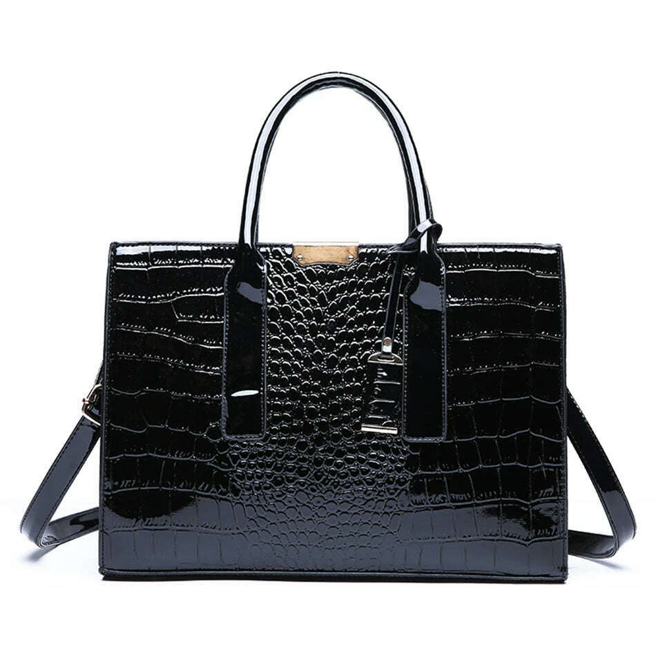 KIMLUD, Casual Tote Sac Vintage Crocodile Pattern Patent Leather Luxury Handbags Brand Designer Large Capacity Shoulder Messenger Bag, Black, KIMLUD Womens Clothes