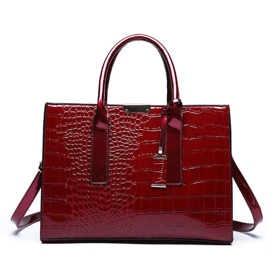 KIMLUD, Casual Tote Sac Vintage Crocodile Pattern Patent Leather Luxury Handbags Brand Designer Large Capacity Shoulder Messenger Bag, Red, KIMLUD Womens Clothes
