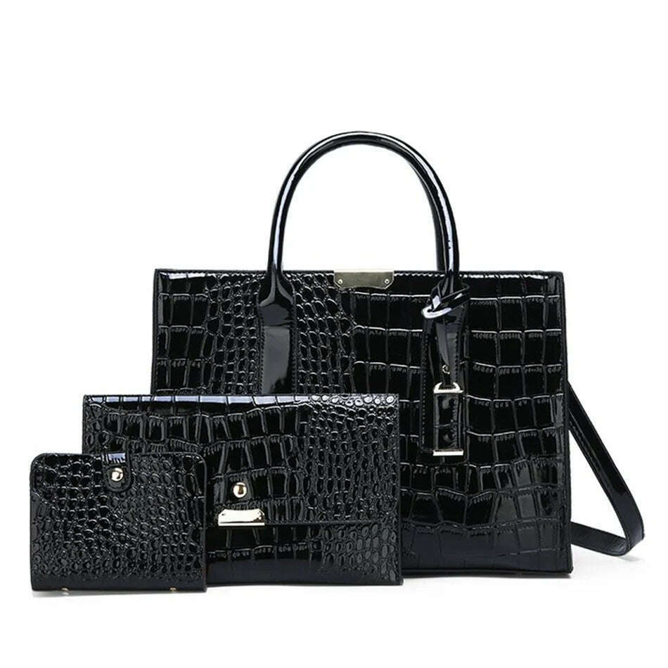 KIMLUD, Casual Tote Sac Vintage Crocodile Pattern Patent Leather Luxury Handbags Brand Designer Large Capacity Shoulder Messenger Bag, Black-1, KIMLUD Womens Clothes